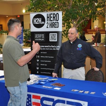 Tech Sgt. Nicholas Carbonia, a crew member with the 188th Aircraft Maintenance Squadron, left, speaks with Jon Woodham, a representative with the Arkansas Employer Support for the Guard and Reserve chapter during a Yellow Ribbon Reintegration predeployment event March 3, 2012, at the Holiday Inn Convention Center in Fort Smith, Arkansas